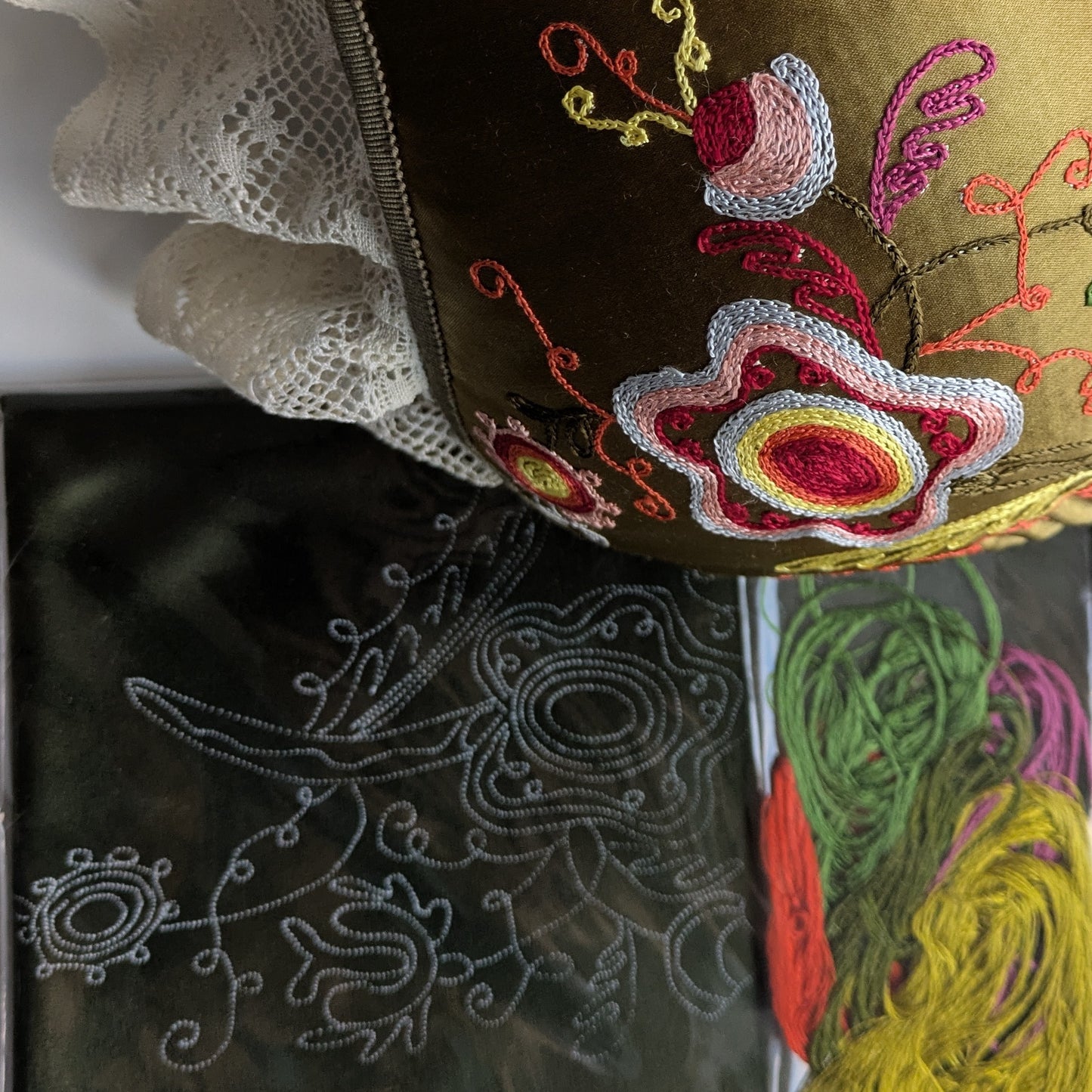 Kinda bindmössa broderisats med beskrivning