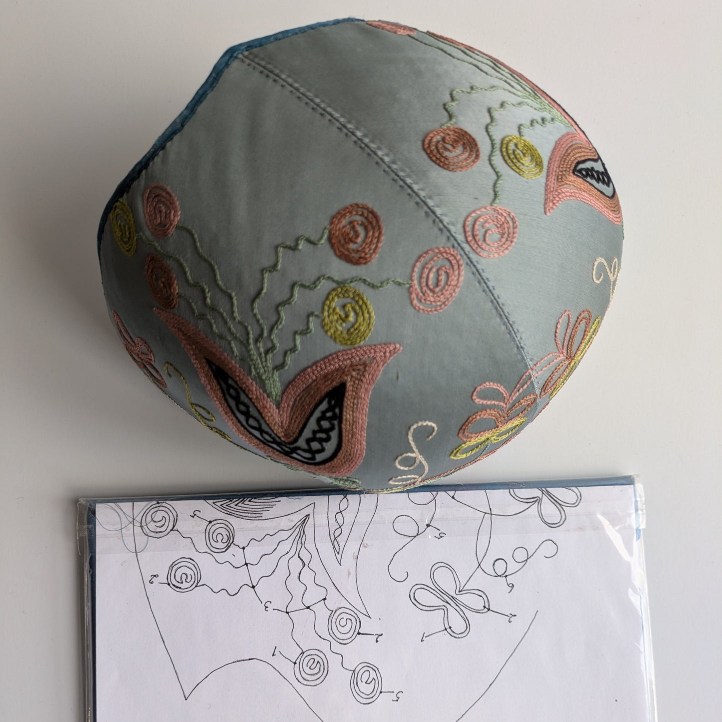 Kinda bindmössa broderisats med beskrivning, blå